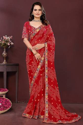 maroon color georgette fabric bandhej printed traditional saree