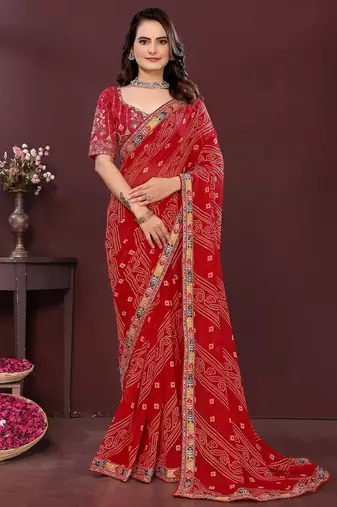 maroon color georgette fabric bandhej printed traditional saree