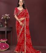 maroon color georgette fabric bandhej printed traditional saree