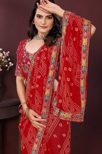 maroon georgette bandhej printed traditional saree