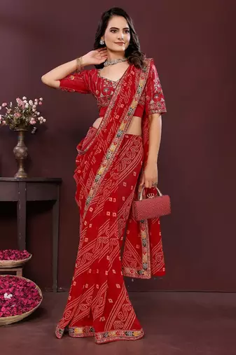 maroon georgette bandhej printed traditional saree