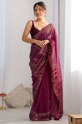 wine color bollywood style smart embroidered ceremonial saree