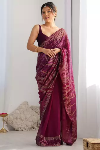 wine color bollywood style smart embroidered ceremonial saree