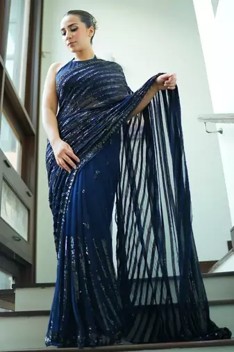 blue color bollywood style smart embroidered ceremonial saree