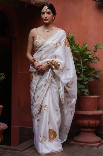 white color bollywood style smart embroidered ceremonial saree