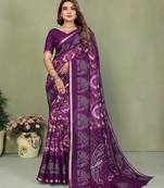 purple color mul cotton fabric printed festive special saree