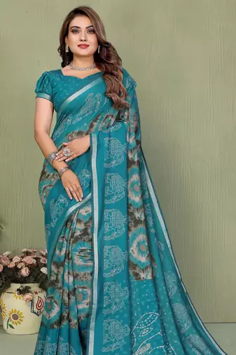 teal color mul cotton fabric designer printed festive special saree