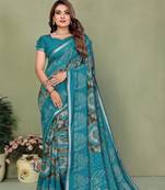 teal color mul cotton fabric printed festive special saree