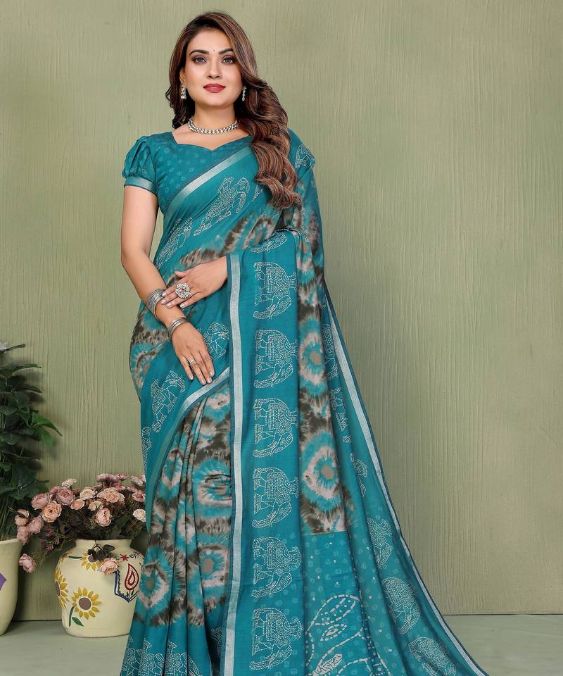 teal color mul cotton fabric designer printed festive special saree