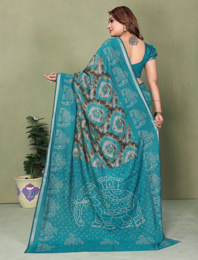 teal color mul cotton fabric designer printed festive special saree