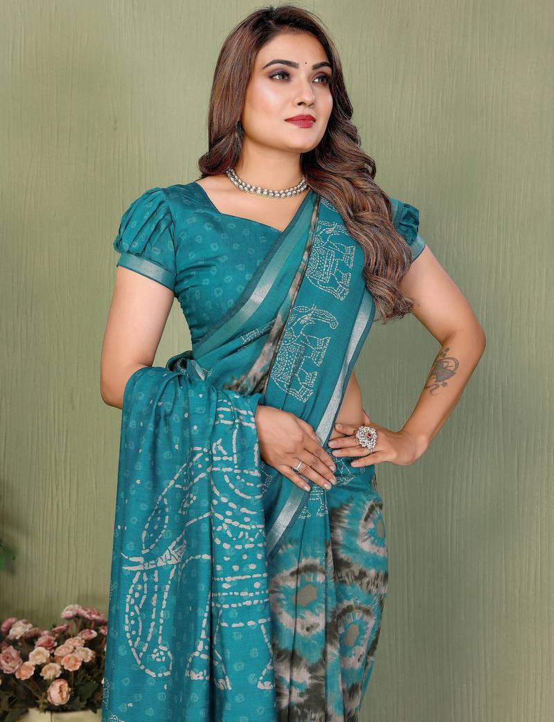 teal color mul cotton fabric designer printed festive special saree