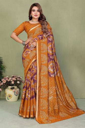 mustard color mul cotton fabric designer printed festive special saree
