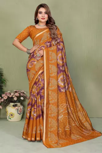 mustard color mul cotton fabric designer printed festive special saree