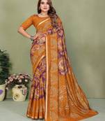 mustard color mul cotton fabric printed festive special saree