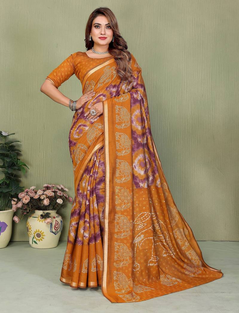 mustard color mul cotton fabric designer printed festive special saree
