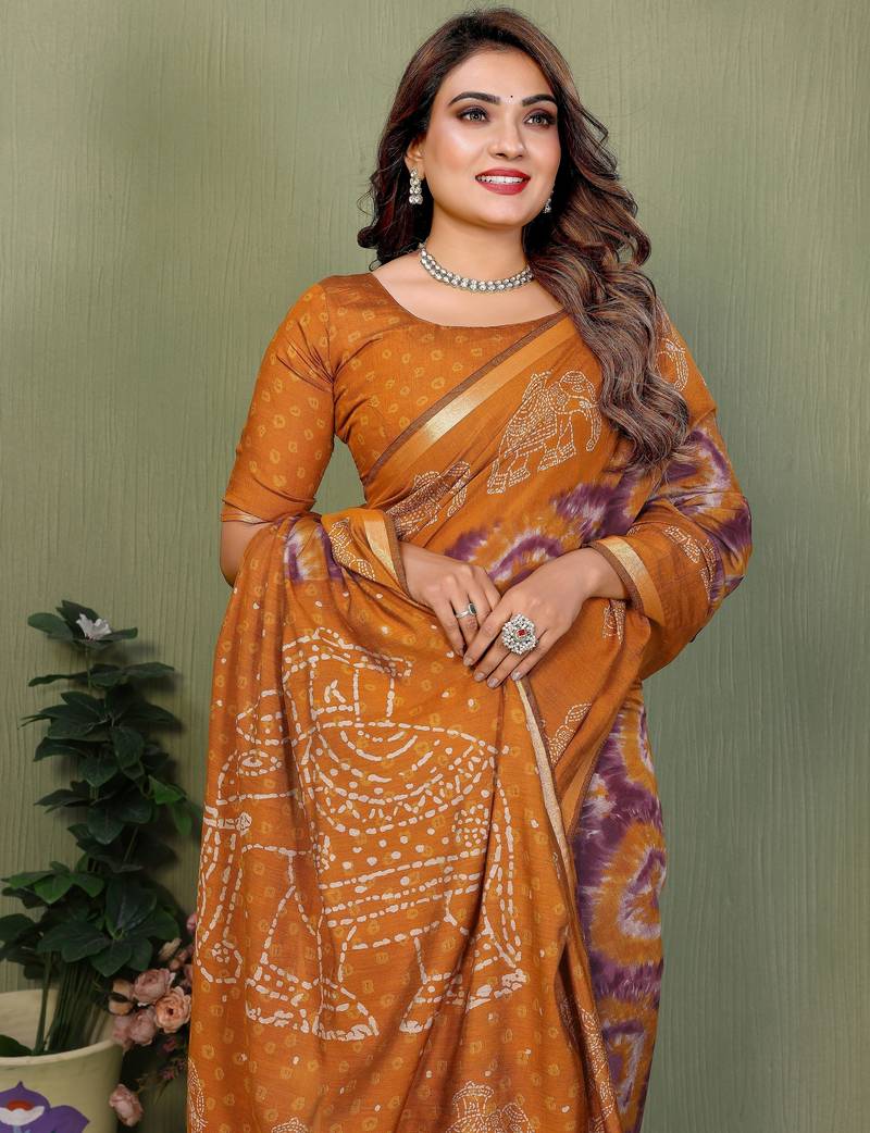 mustard color mul cotton fabric designer printed festive special saree