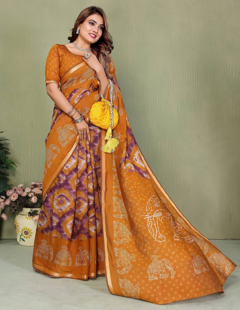 mustard color mul cotton fabric designer printed festive special saree