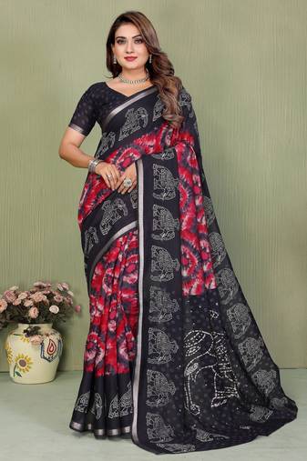 black color mul cotton fabric designer printed festive special saree