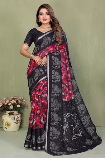 black color mul cotton fabric designer printed festive special saree