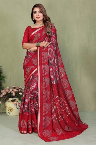 red color mul cotton fabric designer printed festive special saree