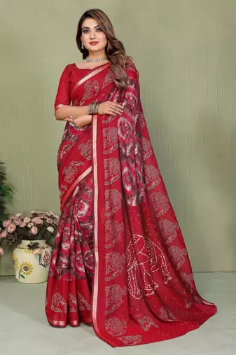 red color mul cotton fabric designer printed festive special saree