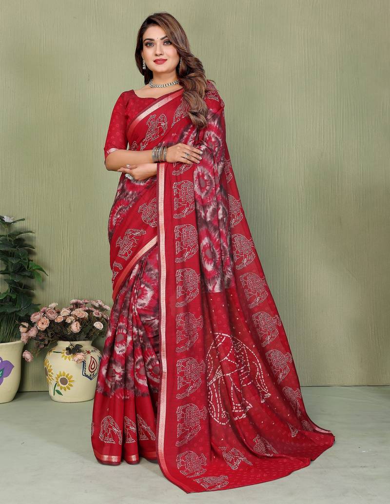 red color mul cotton fabric designer printed festive special saree
