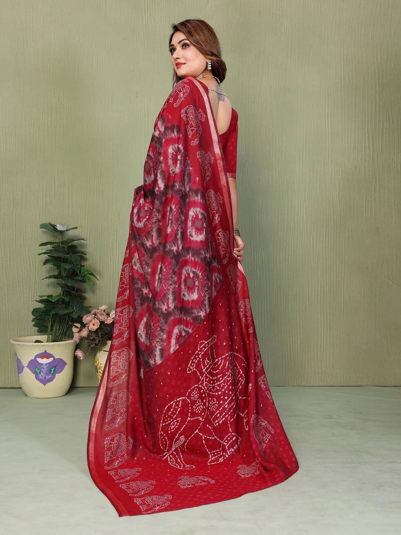 red color mul cotton fabric designer printed festive special saree