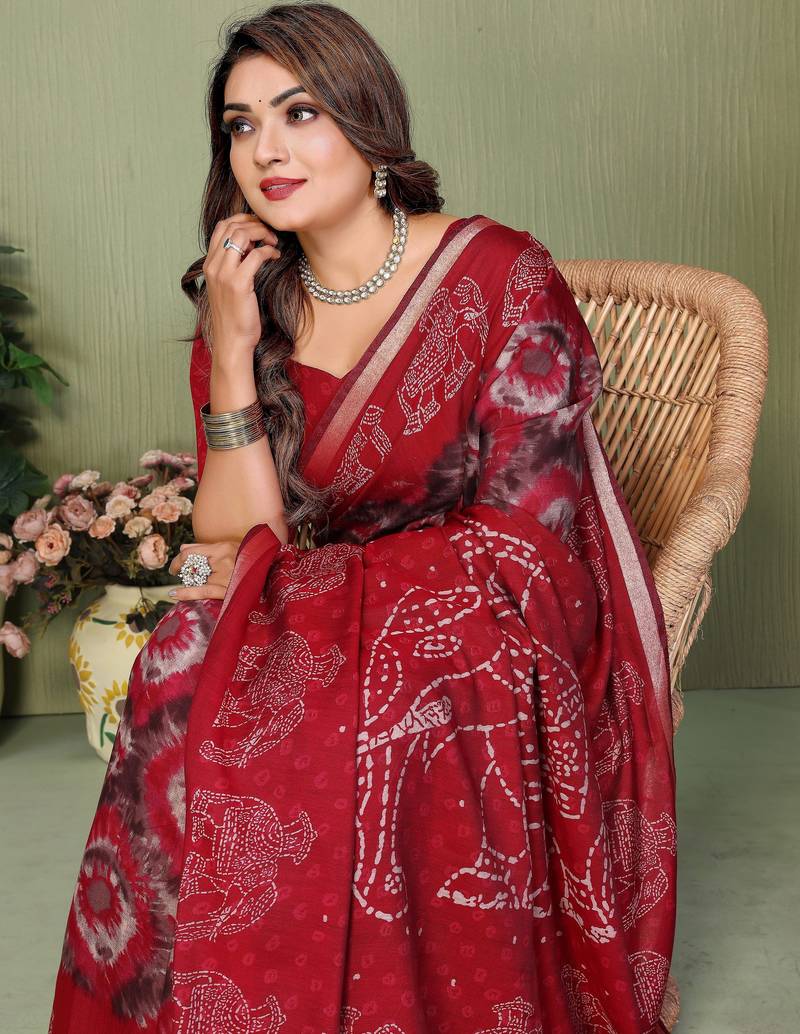 red color mul cotton fabric designer printed festive special saree