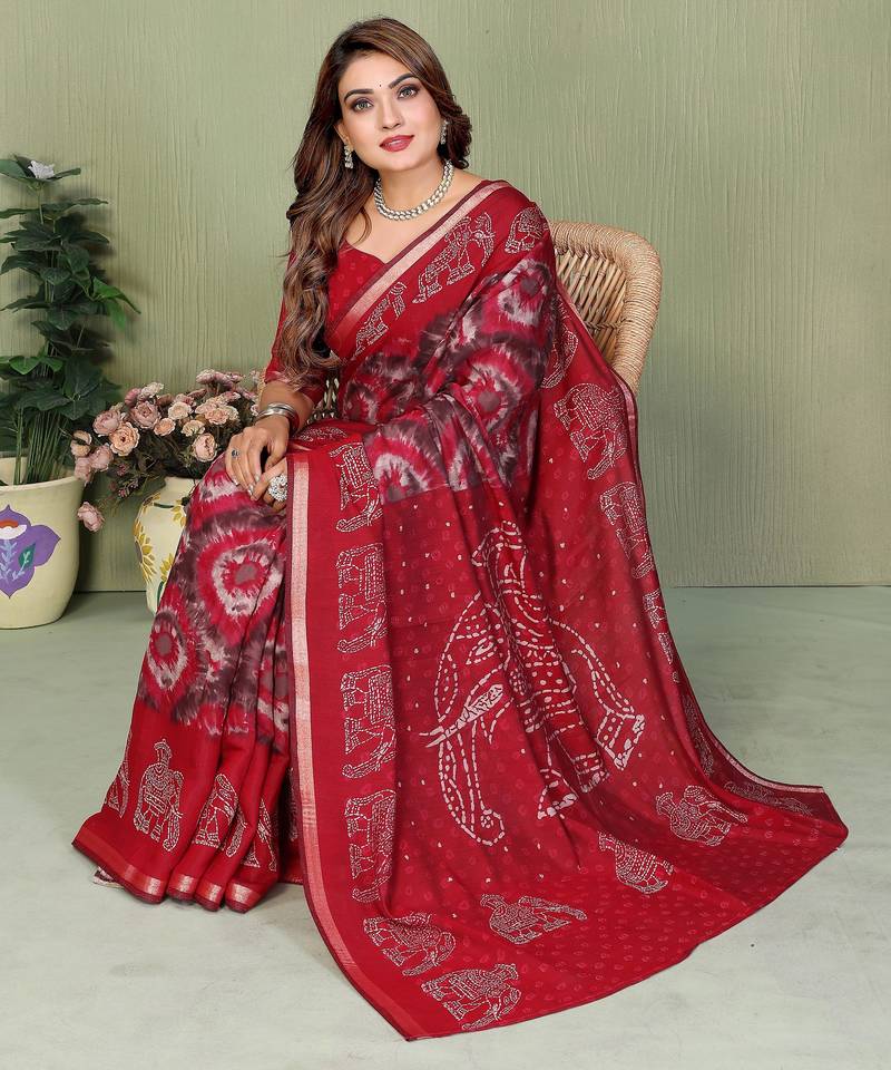 red color mul cotton fabric designer printed festive special saree
