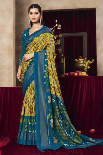 mustard color tussar art silk fabric woven designer ethnic saree with patola print