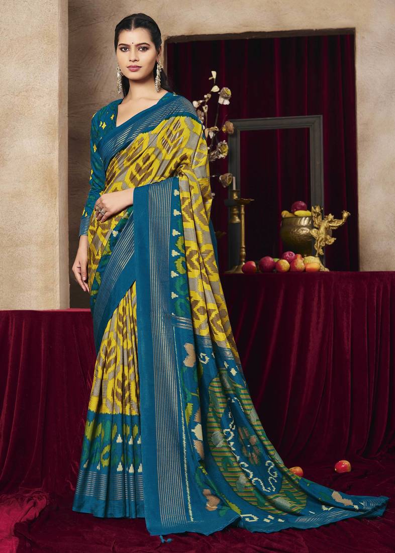 mustard color tussar art silk fabric woven designer ethnic saree with patola print