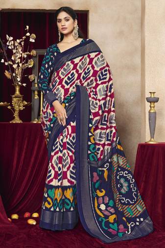 cream color tussar art silk fabric woven ethnic saree with patola print