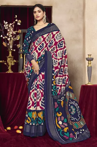 cream color tussar art silk fabric woven designer ethnic saree with patola print