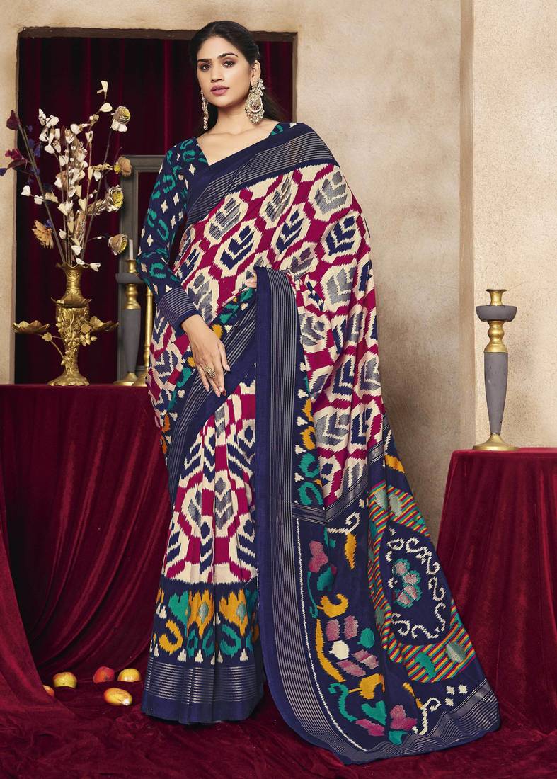 cream color tussar art silk fabric woven designer ethnic saree with patola print