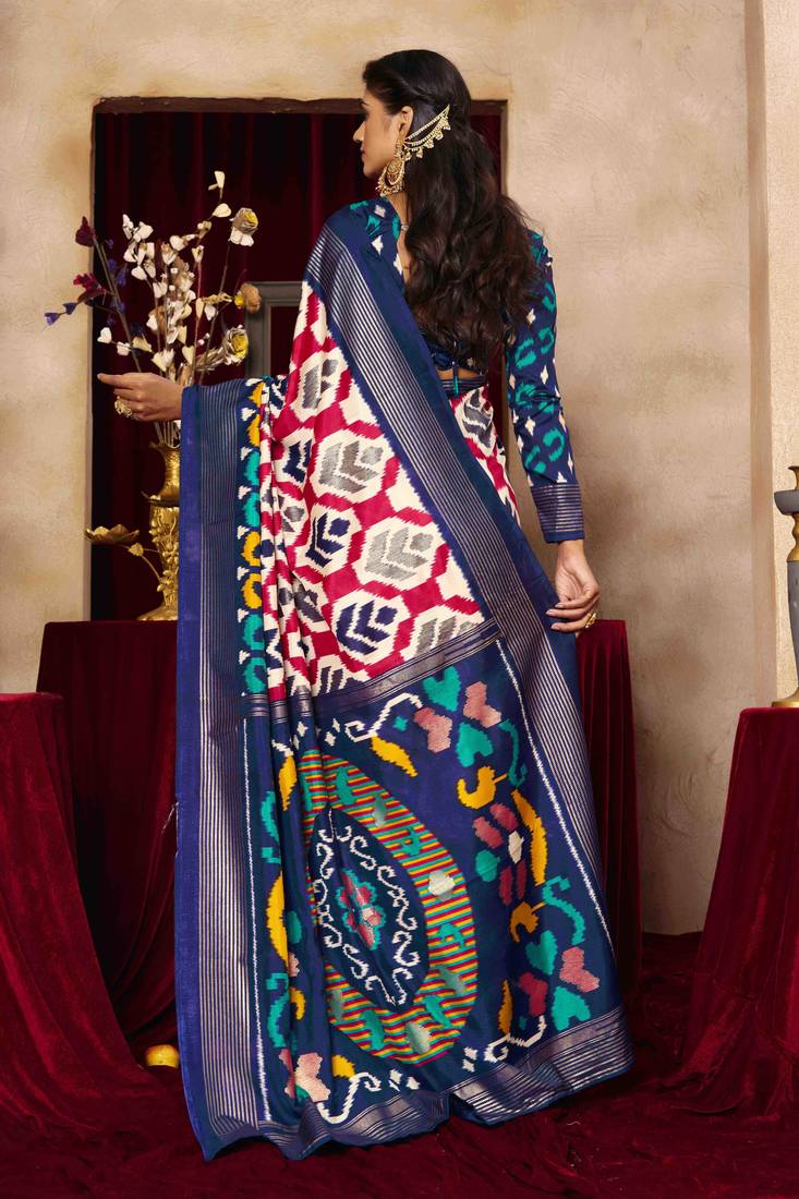 cream color tussar art silk fabric woven designer ethnic saree with patola print