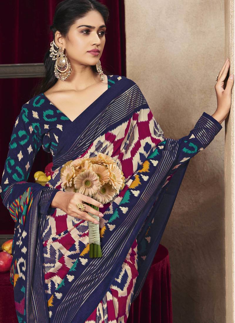 cream color tussar art silk fabric woven designer ethnic saree with patola print