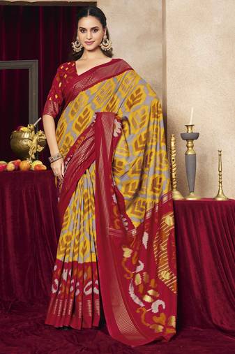 mustard color tussar art silk fabric woven designer ethnic saree with patola print