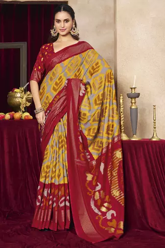 mustard color tussar art silk fabric woven designer ethnic saree with patola print