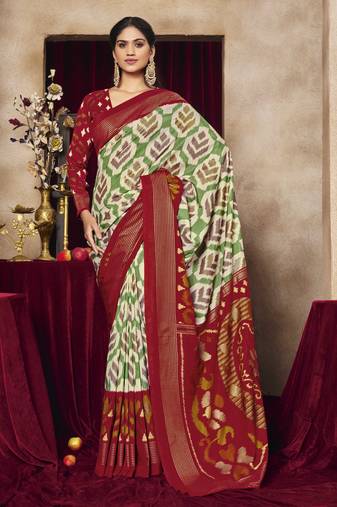 green color tussar art silk fabric woven designer ethnic saree with patola print