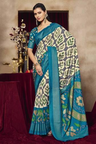 grey color tussar art silk fabric woven designer ethnic saree with patola print