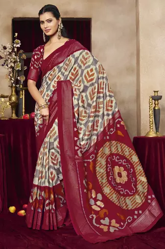 grey color tussar art silk fabric woven designer ethnic saree with patola print