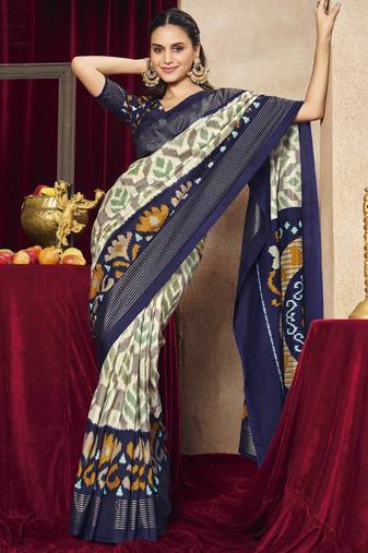 grey color tussar art silk fabric woven designer ethnic saree with patola print