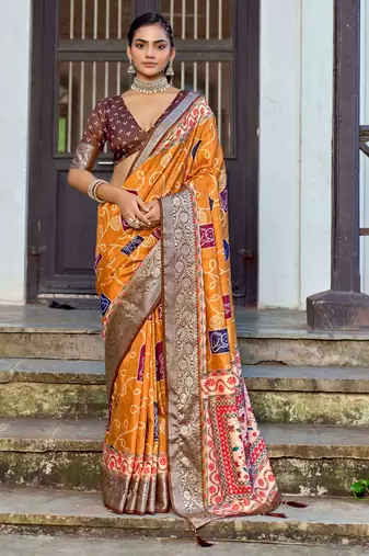 orange color silk blend blended traditional bandhani ajrakh printed saree