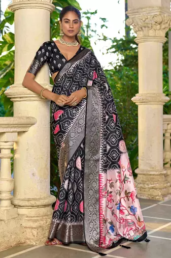 black color silk blend blended traditional bandhani ajrakh printed saree