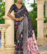 black color silk blend blended traditional bandhani ajrakh printed saree