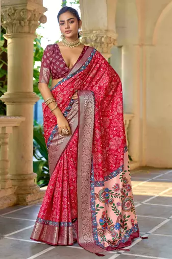 pink color silk blend blended traditional bandhani ajrakh printed saree