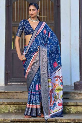 blue color silk blend blended traditional bandhani ajrakh printed saree