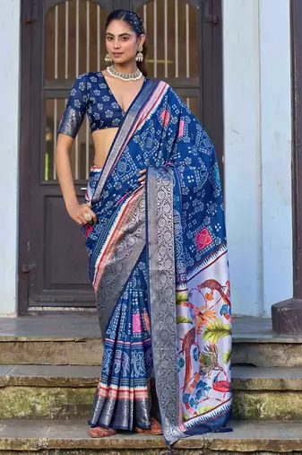 blue color silk blend blended traditional bandhani ajrakh printed saree