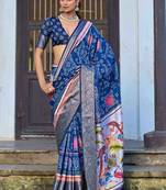 blue color silk blend blended traditional bandhani ajrakh printed saree
