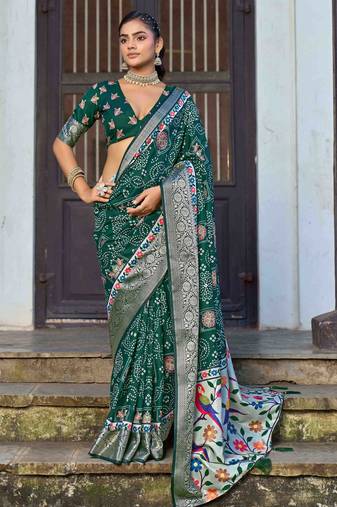 green color silk blend blended traditional bandhani ajrakh printed saree